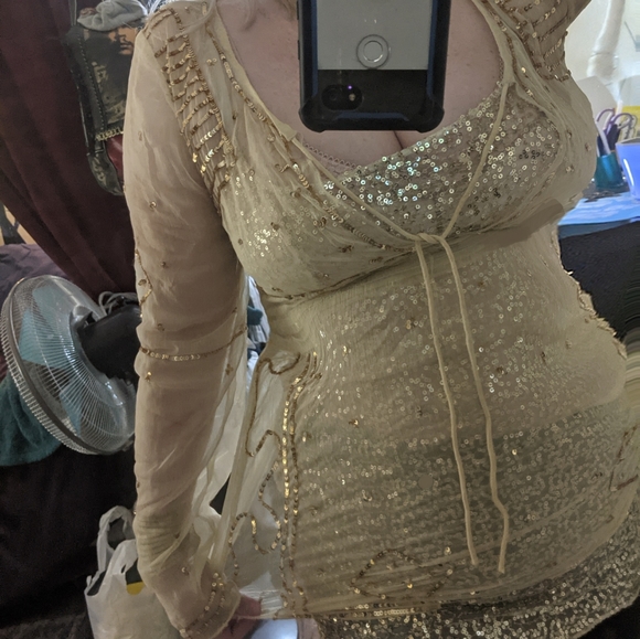 Boho Sheer gold silk embellished long sleeve top - Picture 2 of 10
